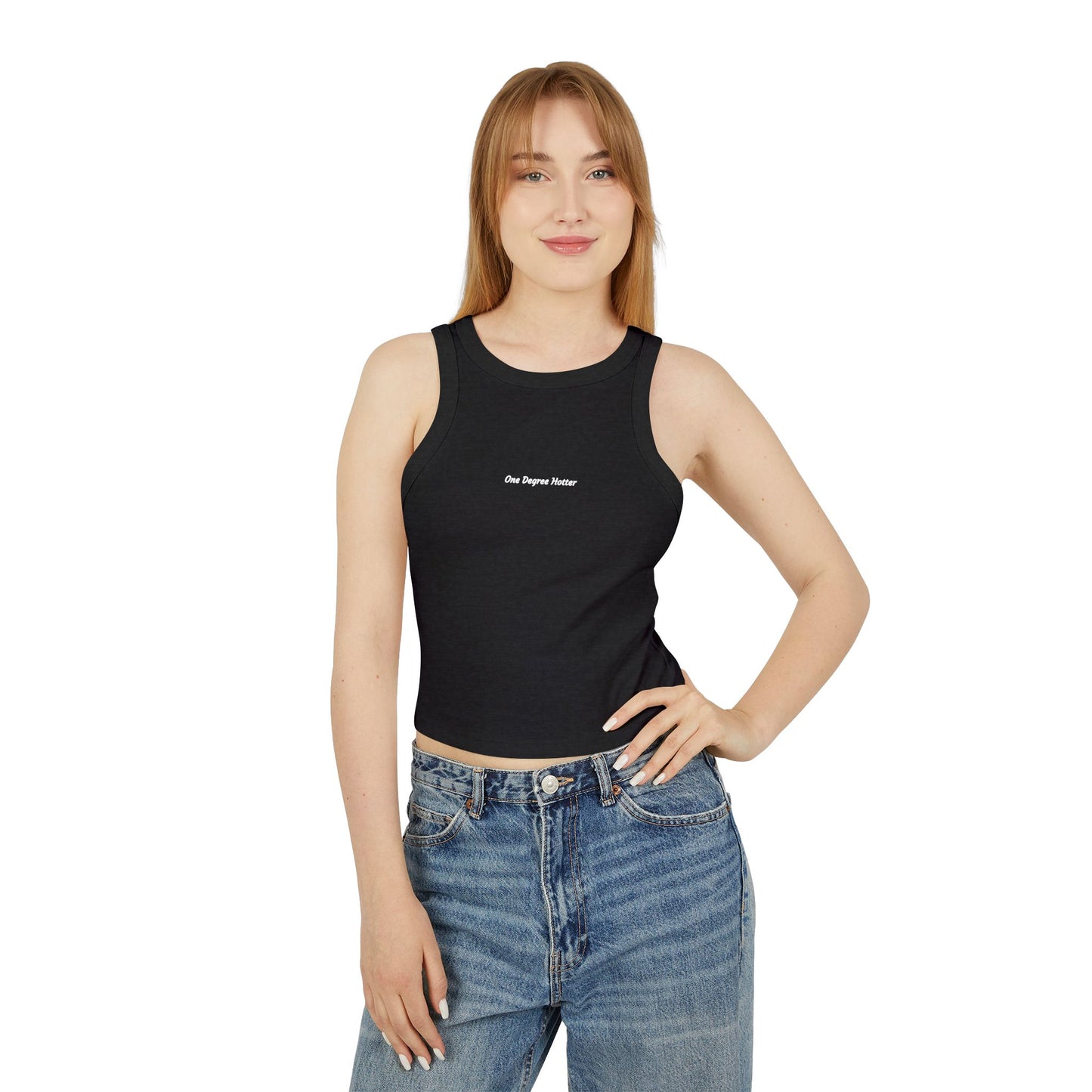One Degree Hotter Micro Rib Racer Tank Top — "That doesn’t align with my archetype" Minimal Graphic Crop Tank