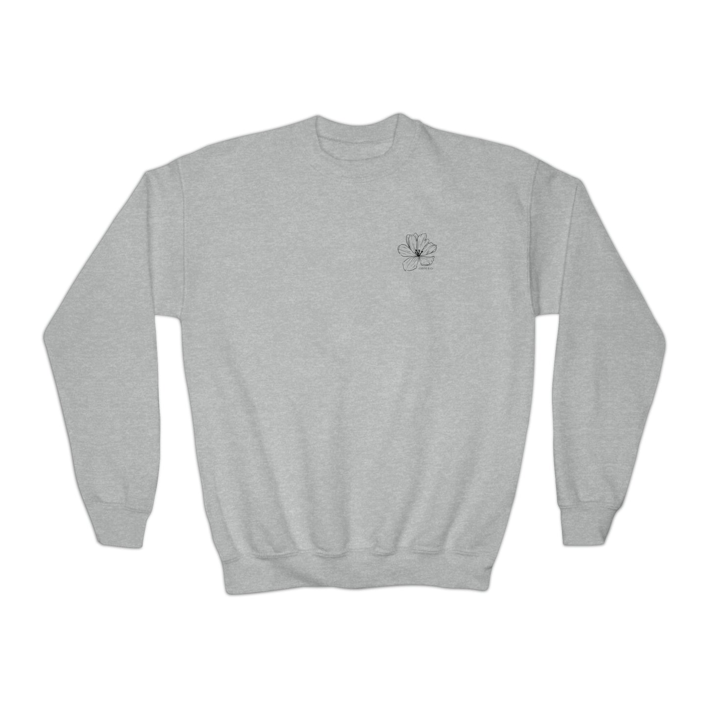 No Rain No Flowers - Youth Crewneck Sweatshirt - (Front Logo, Back Design)