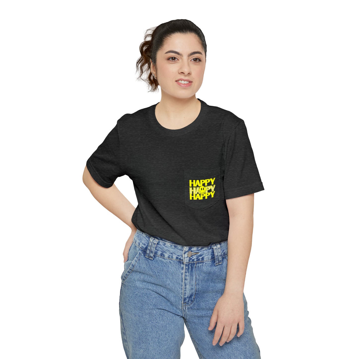 HAPPY HAPPY HAPPY - Unisex Pocket T-shirt - (Front Logo, Back Design)