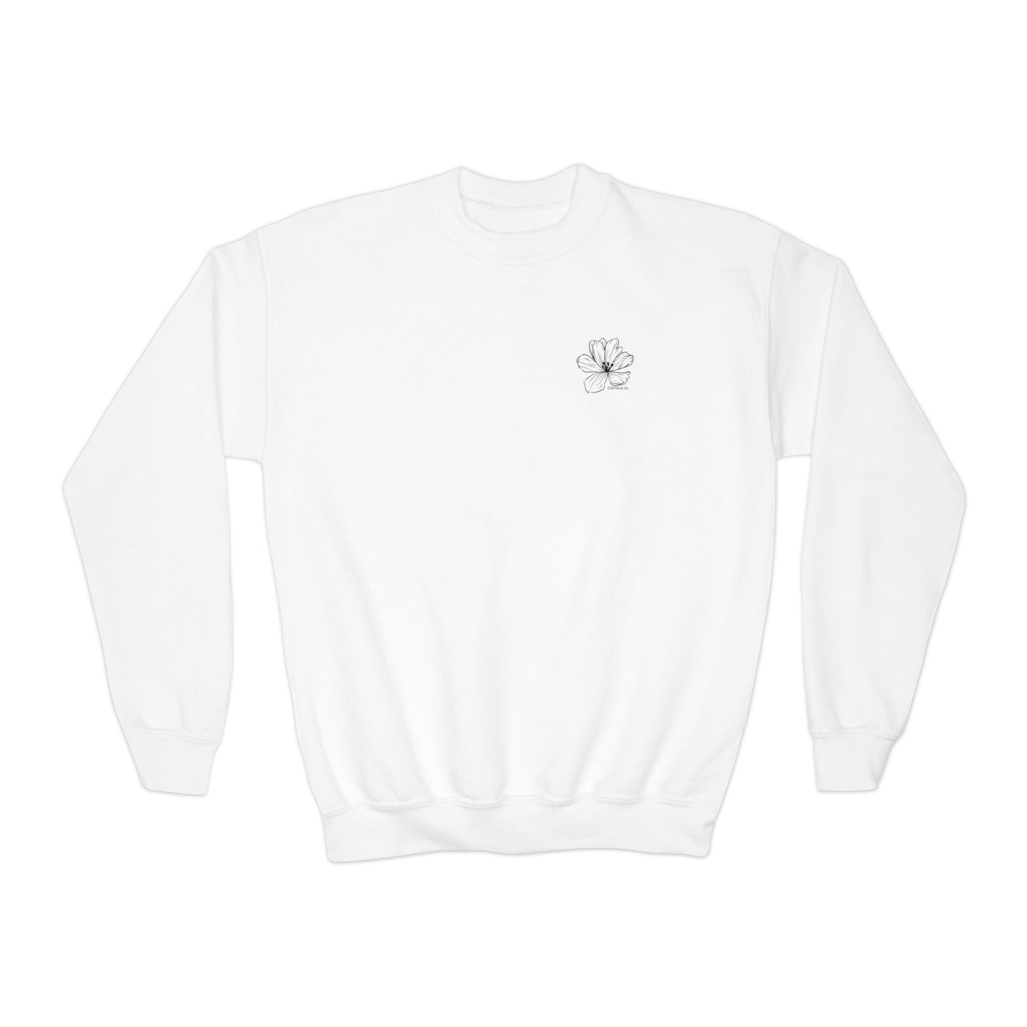 No Rain No Flowers - Youth Crewneck Sweatshirt - (Front Logo, Back Design)