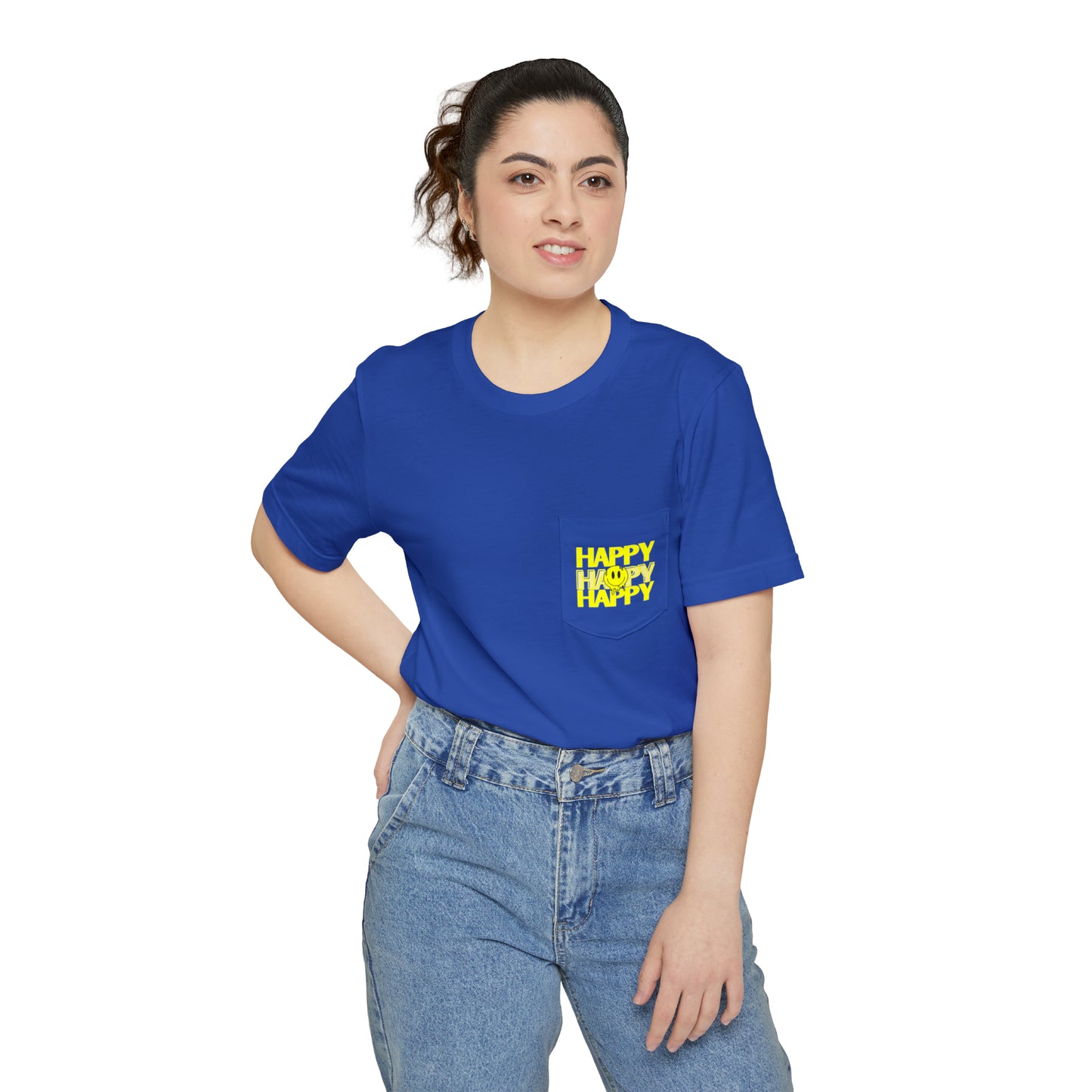 HAPPY HAPPY HAPPY - Unisex Pocket T-shirt - (Front Logo, Back Design)