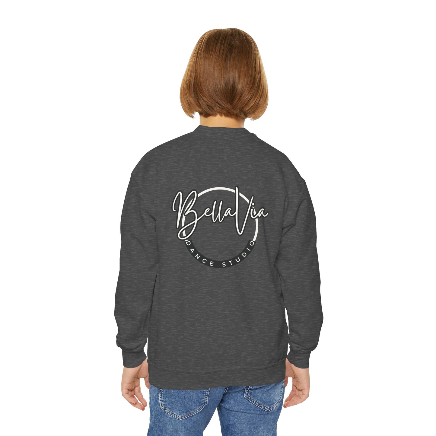 BellaVia - Youth Crewneck Sweatshirt (Front Logo, Back Design)