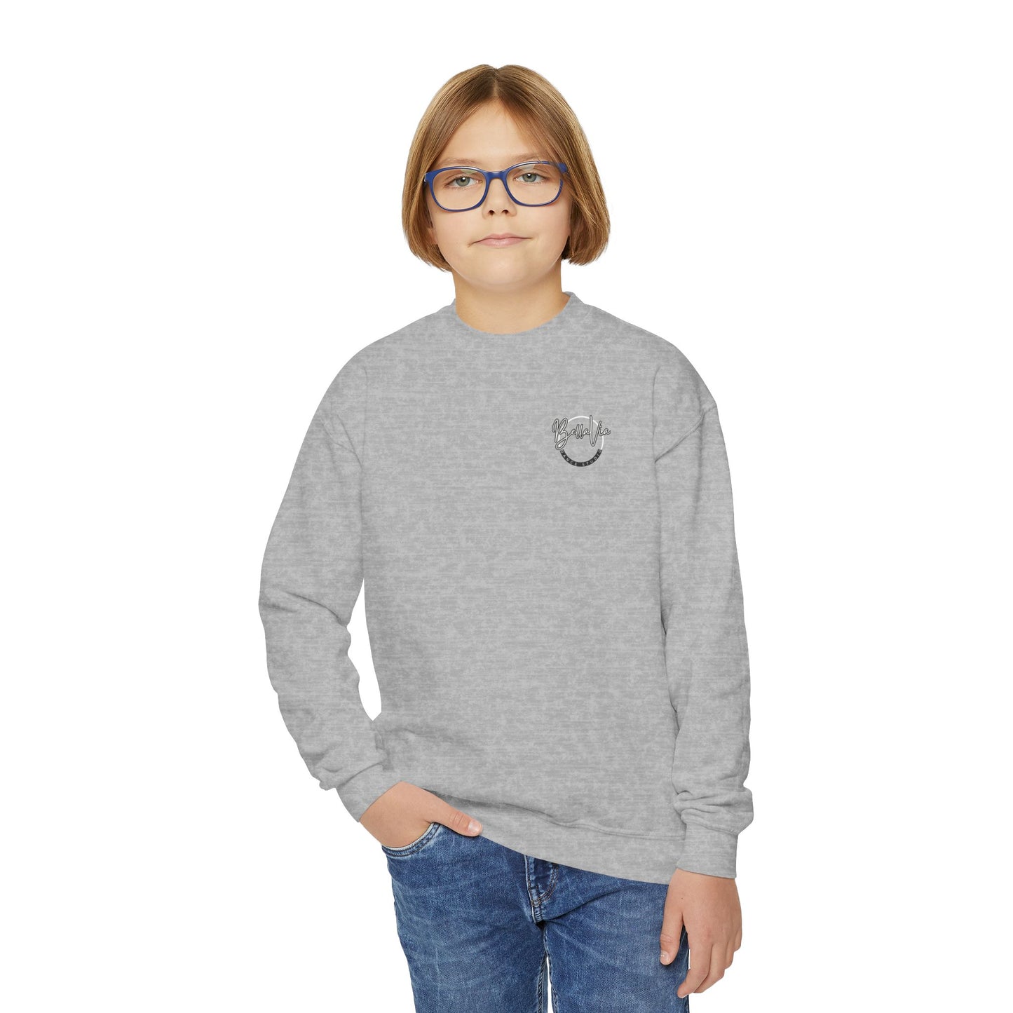 BellaVia - Youth Crewneck Sweatshirt (Front Logo, Back Design)