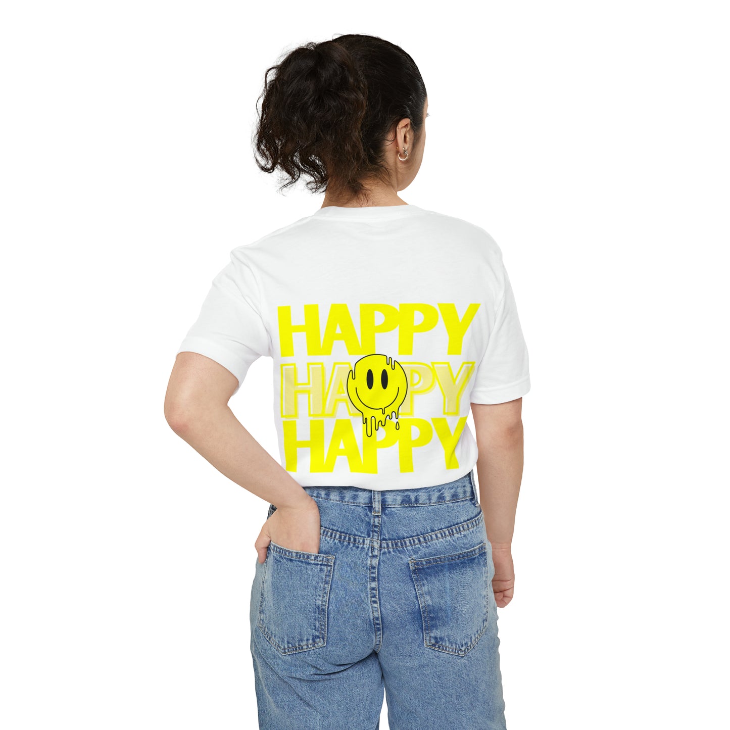 HAPPY HAPPY HAPPY - Unisex Pocket T-shirt - (Front Logo, Back Design)