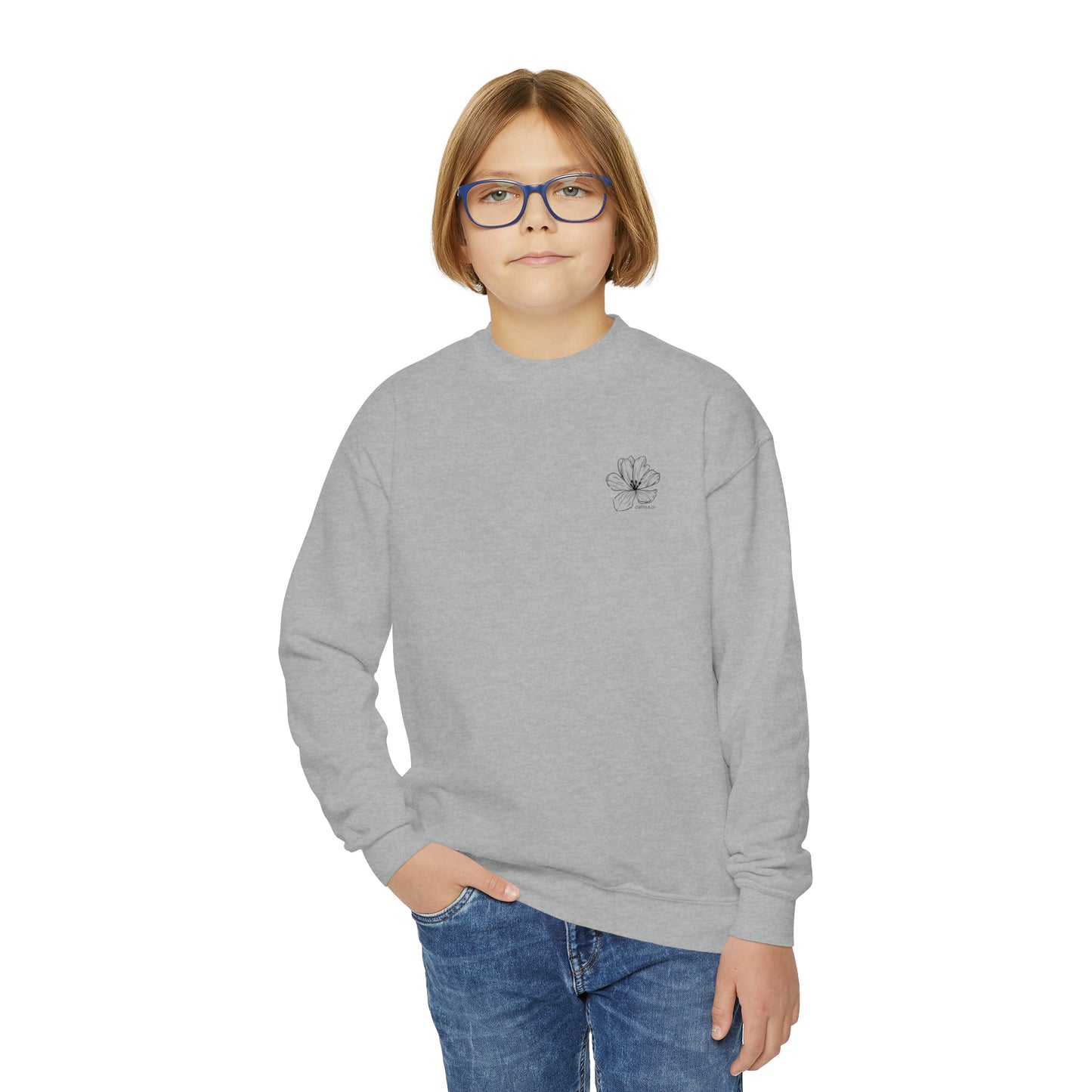 No Rain No Flowers - Youth Crewneck Sweatshirt - (Front Logo, Back Design)