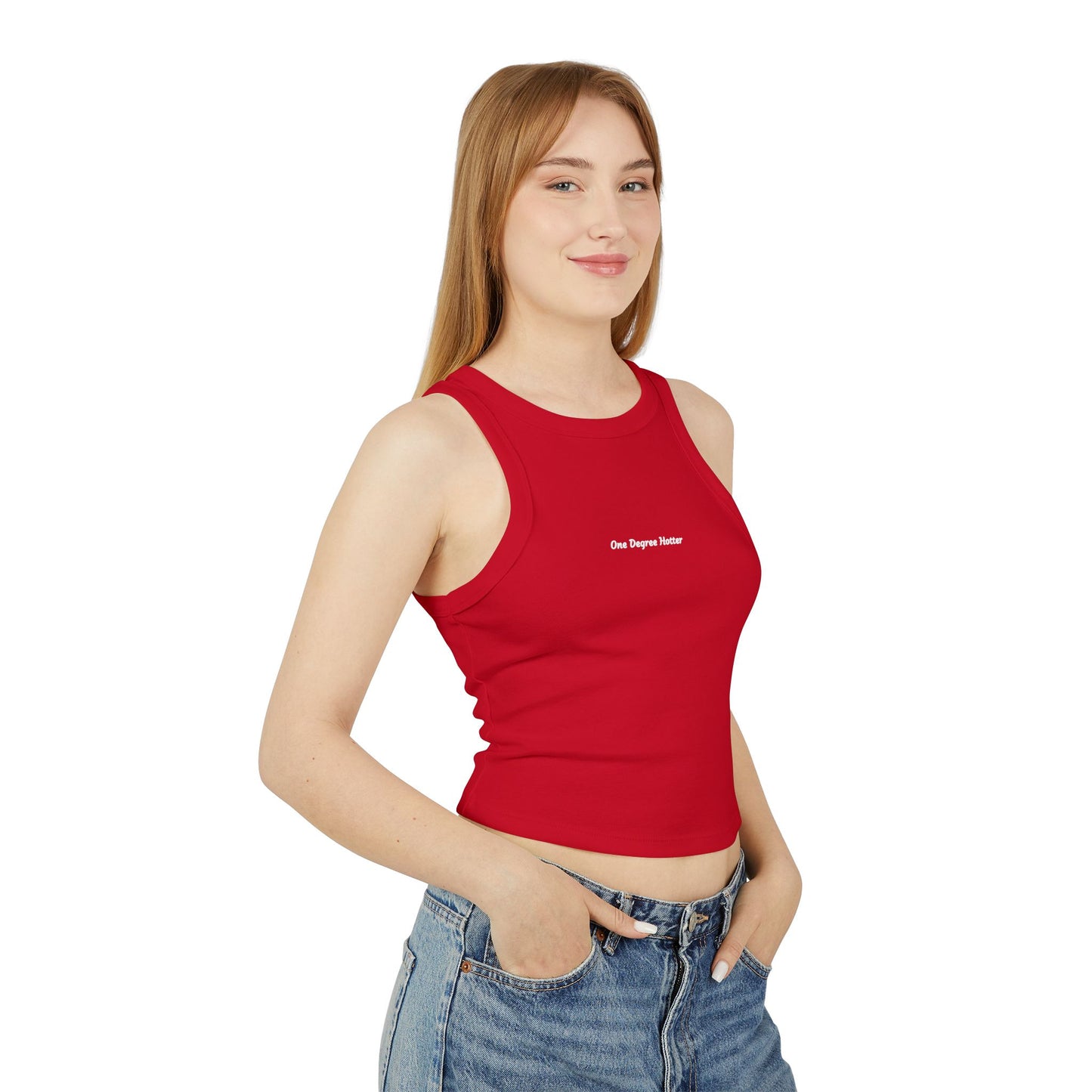 One Degree Hotter Micro Rib Racer Tank Top — "That doesn’t align with my archetype" Minimal Graphic Crop Tank