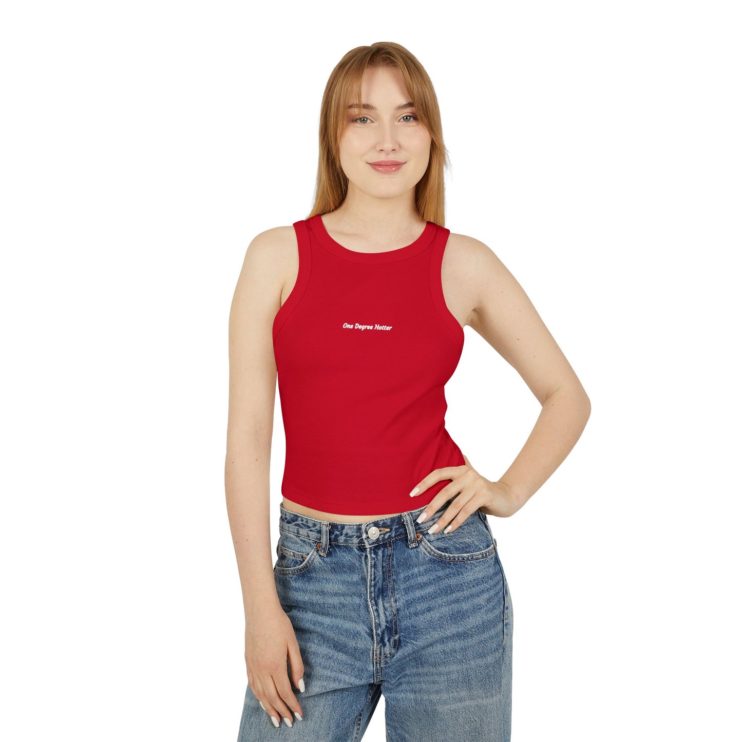 One Degree Hotter Micro Rib Racer Tank Top — "That doesn’t align with my archetype" Minimal Graphic Crop Tank