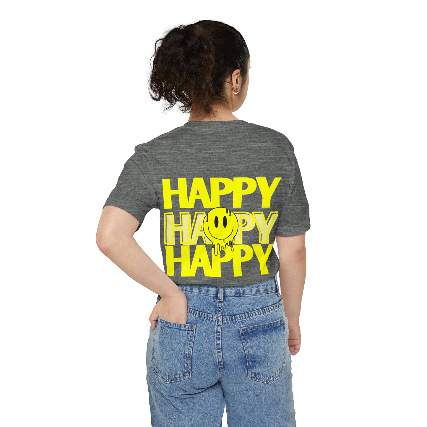 HAPPY HAPPY HAPPY - Unisex Pocket T-shirt - (Front Logo, Back Design)