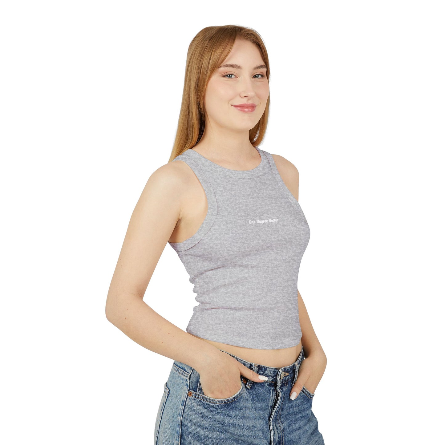 One Degree Hotter Micro Rib Racer Tank Top — "That doesn’t align with my archetype" Minimal Graphic Crop Tank