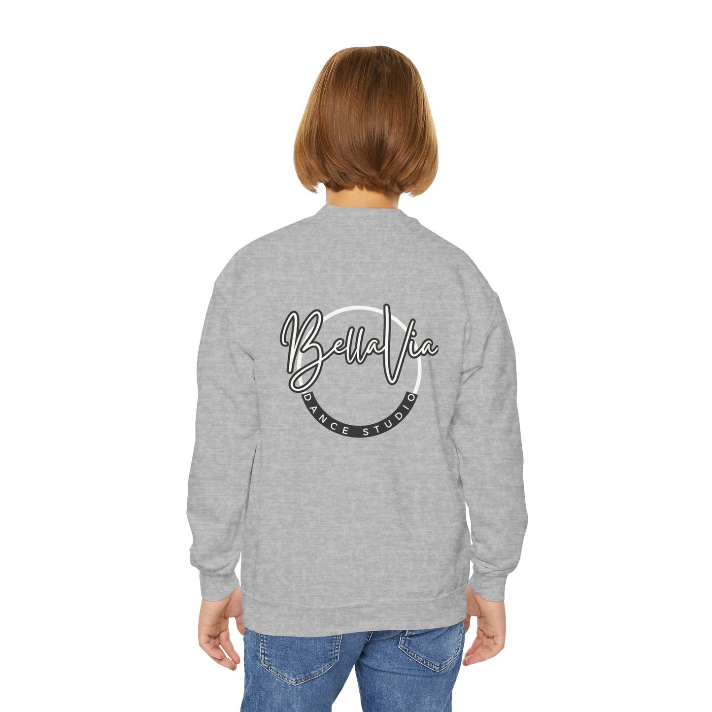 BellaVia - Youth Crewneck Sweatshirt (Front Logo, Back Design)