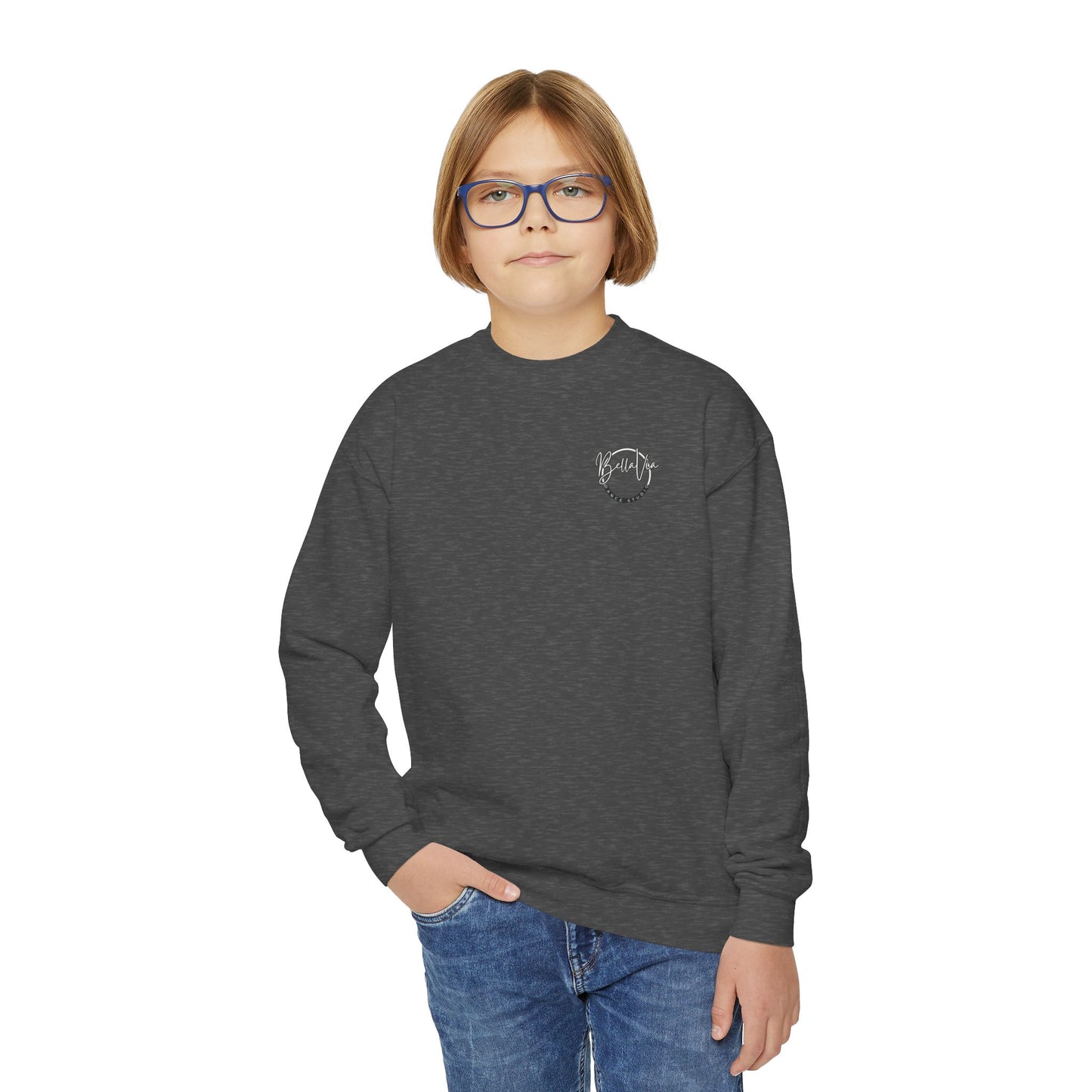 BellaVia - Youth Crewneck Sweatshirt (Front Logo, Back Design)