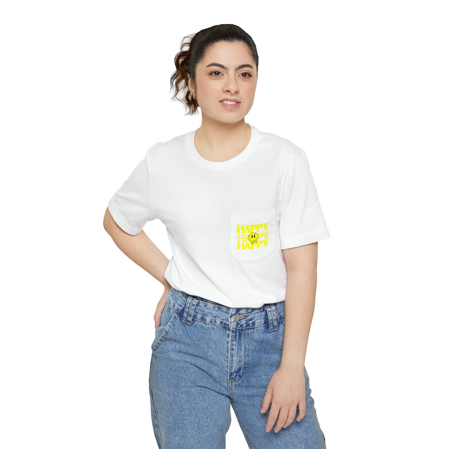 HAPPY HAPPY HAPPY - Unisex Pocket T-shirt - (Front Logo, Back Design)