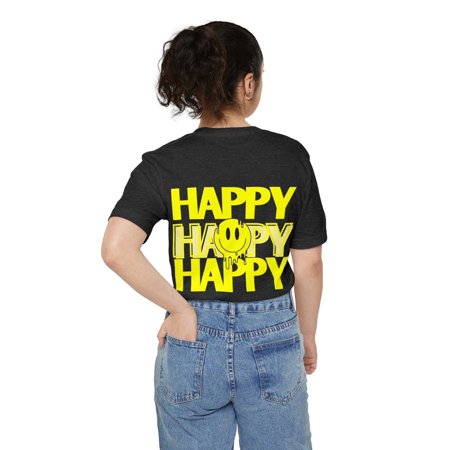 HAPPY HAPPY HAPPY - Unisex Pocket T-shirt - (Front Logo, Back Design)