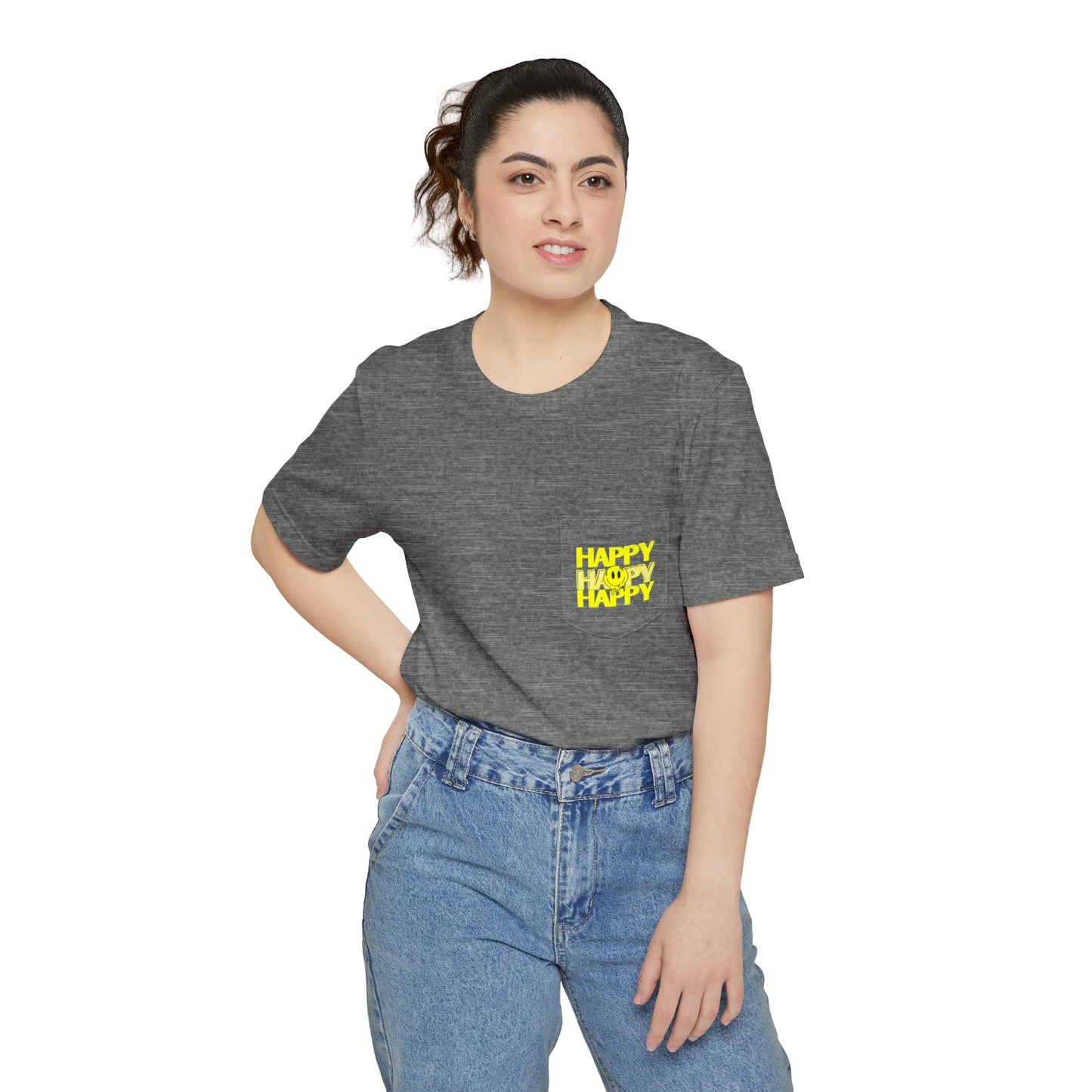 HAPPY HAPPY HAPPY - Unisex Pocket T-shirt - (Front Logo, Back Design)