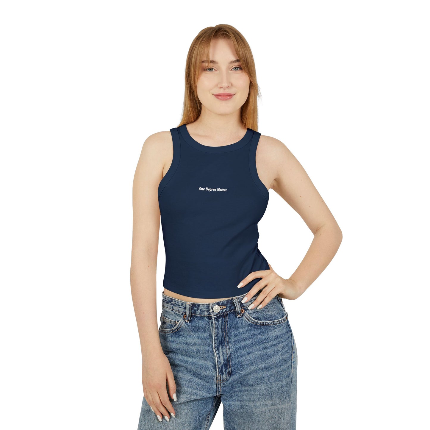 One Degree Hotter Micro Rib Racer Tank Top — "That doesn’t align with my archetype" Minimal Graphic Crop Tank
