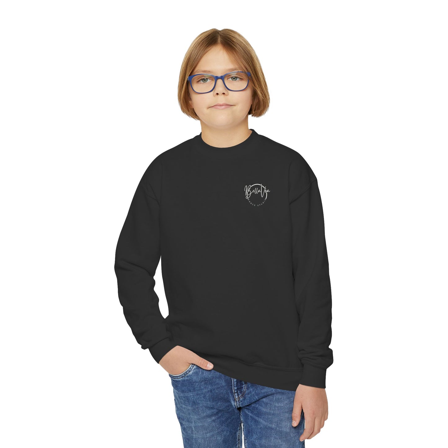 BellaVia - Youth Crewneck Sweatshirt (Front Logo, Back Design)