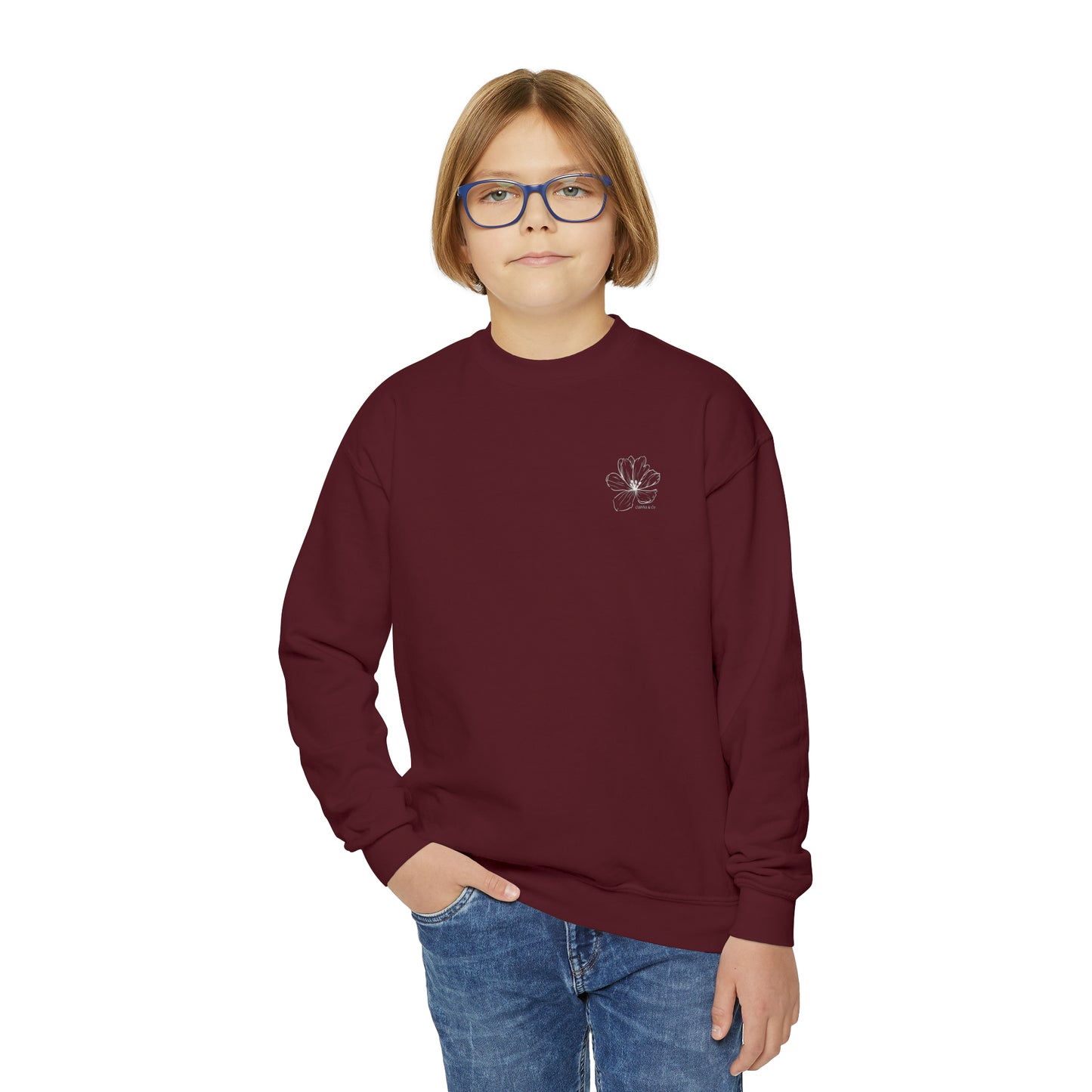 No Rain No Flowers - Youth Crewneck Sweatshirt - (Front Logo, Back Design)