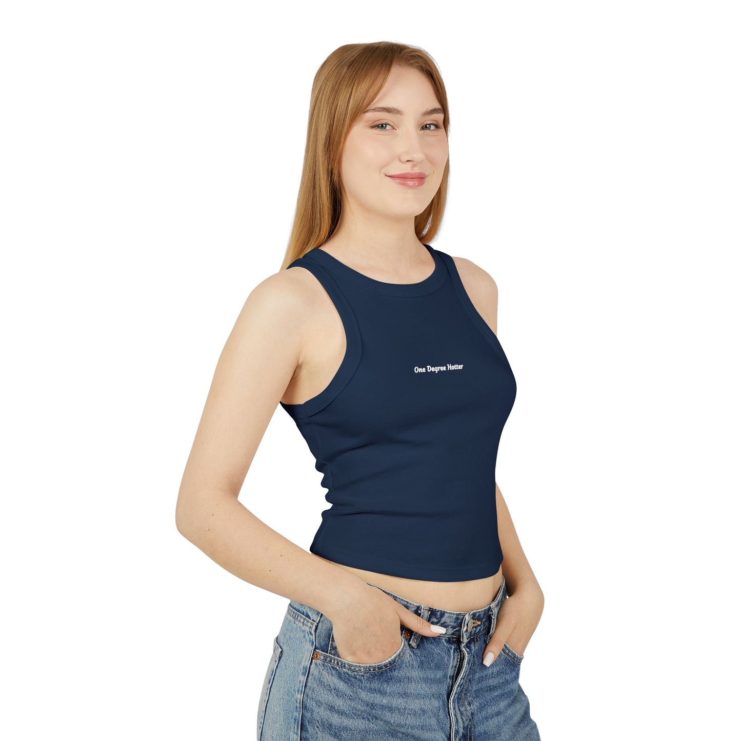 One Degree Hotter Micro Rib Racer Tank Top — "That doesn’t align with my archetype" Minimal Graphic Crop Tank
